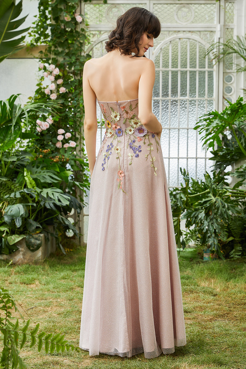 Elegant A Line Strapless Blush Long Wedding Guest Dress with 3D Flowers