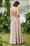 Blush Strapless A Line Corset Long Prom Dress with 3D Flowers