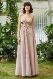 Elegant A Line Strapless Blush Long Wedding Guest Dress with 3D Flowers