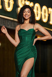 Stylish Mermaid Spaghetti Straps Dark Green Corset Prom Dress with Split Front