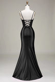 Satin Spaghetti Straps Black Prom Dress with Corset