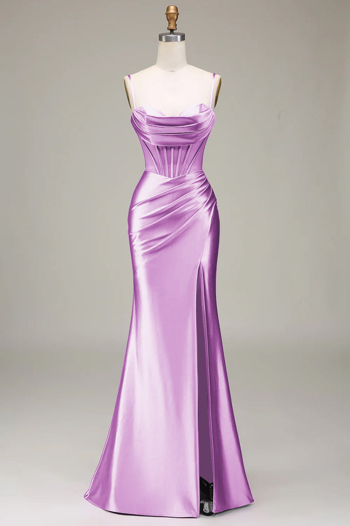 Mermaid Spaghetti Straps Corset Sheer Satin Lilac Prom Dress With Slit