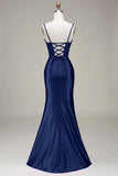 Simple Mermaid Spaghetti Straps Royal Blue Corset Prom Dress with Split Front