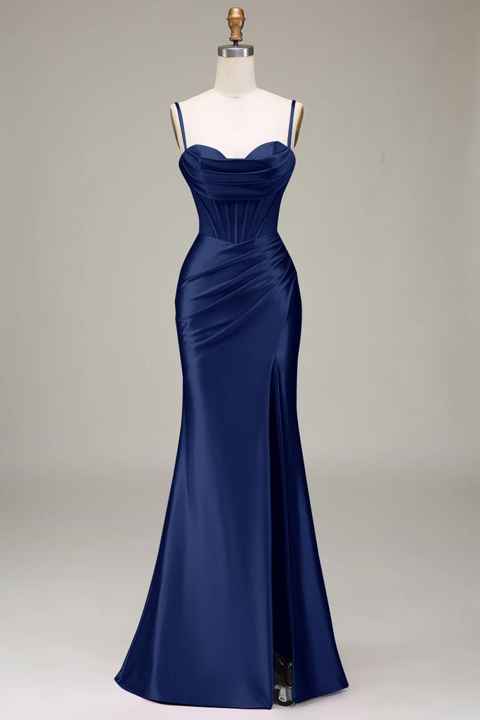 ZAPAKA Women Black Prom Dress with Corset Satin Spaghetti Straps ...