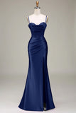 Simple Mermaid Spaghetti Straps Royal Blue Corset Prom Dress with Split Front