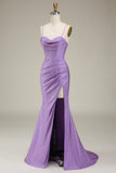 Satin Spaghetti Straps Lilac Purple Prom Dress with Corset