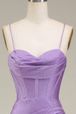 Satin Spaghetti Straps Lilac Purple Prom Dress with Corset