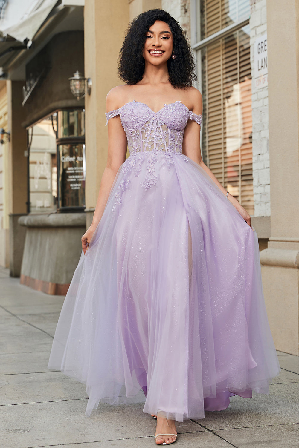 Zapaka Women Purple Corset A-Line Long Tulle Prom Dress with Lace Off the Shoulder  Formal Dress – ZAPAKA