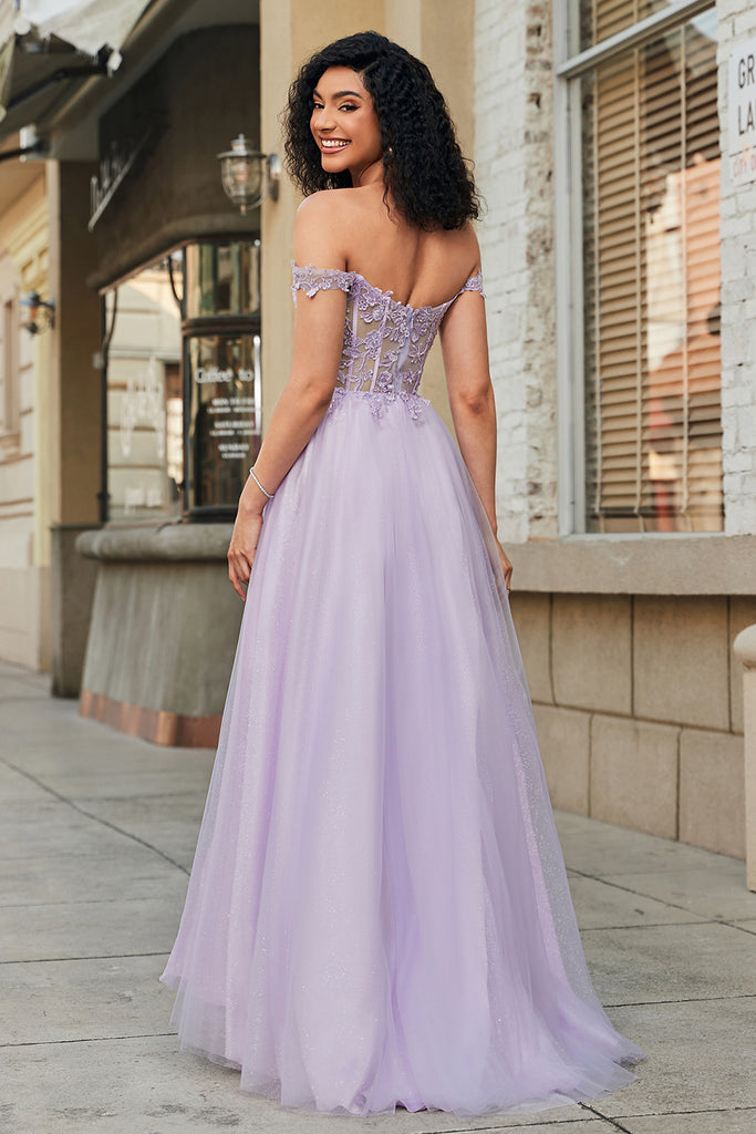 Zapaka Women Purple Corset A-Line Long Tulle Prom Dress with Lace Off