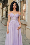 Gorgeous A Line Off the Shoulder Purple Corset Prom Dress with Appliques