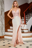 Glitter Pink Beaded Mermaid Prom Dress with Slit