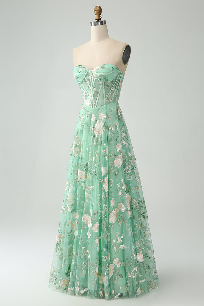 ZAPAKA Women Light Green Corset Prom Dress with Embroidery A-Line