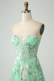 Green A Line Sweetheart Printed Corset Prom Dress with Slit