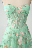 Light Green A-Line Strapless Corset Prom Dress with Embroider