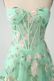 Green A Line Sweetheart Printed Corset Prom Dress with Slit