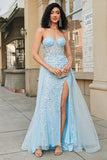 Charming A Line Sweetheart Blue Corset Prom Dress with Beading Slit