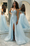 Corset Blue Strapless A Line Prom Dress with Slit