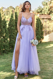 Light Blue A Line Spaghetti Straps Beaded Open Back Tulle Long Prom Dress with Slit