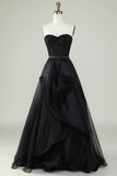 Princess A Line Sweetheart Black Strapless Ball Gown Formal Evening Dress
