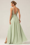 Dusty Sage A-Line Spaghetti Straps Pleated Chiffon Long Bridesmaid Dress