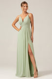 Dusty Sage A-Line Spaghetti Straps Pleated Chiffon Long Bridesmaid Dress