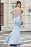 Stylish Mermaid Spaghetti Straps Light Blue Corset Prom Dress with Split Front