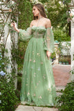 A Line Off The Shoulder Long Sleeves Champagne Tull Prom Dress with Embroidery