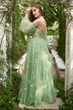 A Line Off The Shoulder Long Sleeves Champagne Tull Prom Dress with Embroidery