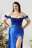 Sheath Off the Shoulder Royal Blue Plus Size Prom Dress with Split Front