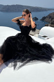 Black A-Line Sweetheart Midi Tulle Cocktail Dress