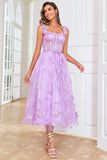 Unique A Line Purple Corset Prom Dress with Butterflies Appliques