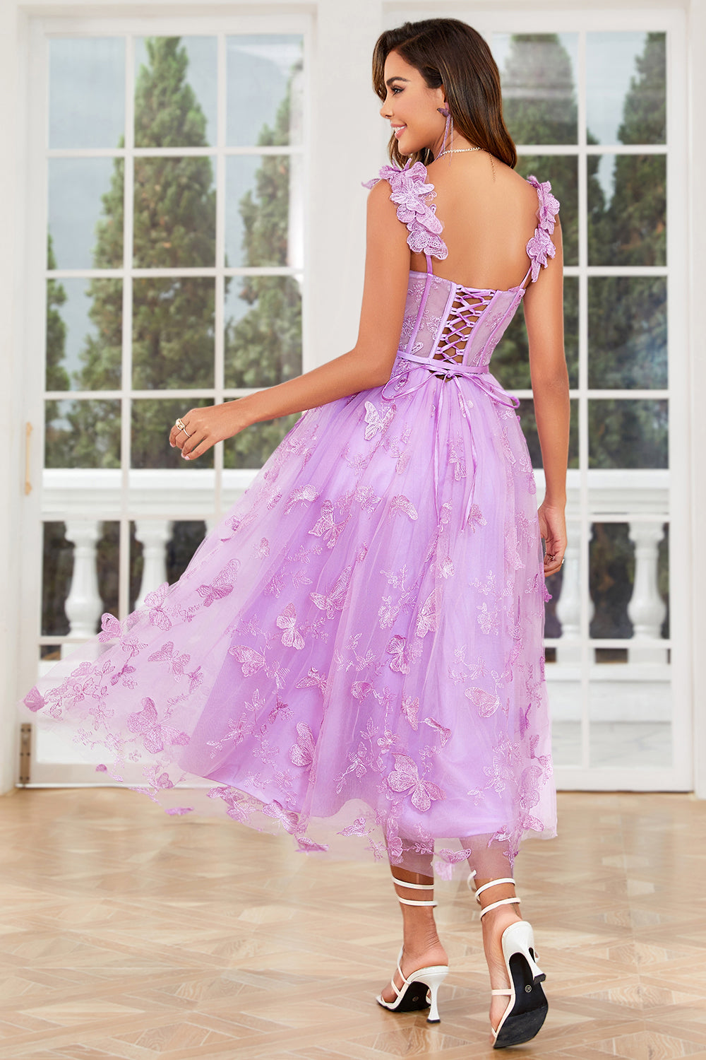 Unique A Line Purple Corset Prom Dress with Butterflies Appliques