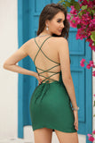 Sparkly Dark Green Beaded Tight Homecoming Dress with Lace