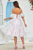 A-Line Off the Shoulder Pink Flower Printed Wedding Guest Dress with Criss Cross Back