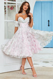 A-Line Off the Shoulder Pink Flower Printed Wedding Guest Dress with Criss Cross Back