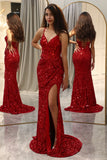 Glitter Mirror Sequins Red Corset Prom Dress with Slit