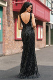 Sparkly Black Deep V-neck Mermaid Long Prom Dress with Feathers