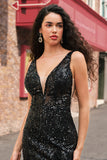 Sparkly Black Deep V-neck Mermaid Long Prom Dress with Feathers