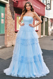 Light Blue Tulle A-Line Tiered Strapless Long Prom Dress