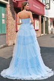 Light Blue Tulle A-Line Tiered Strapless Long Prom Dress