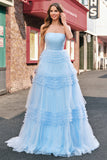 Light Blue Tulle A-Line Tiered Strapless Long Prom Dress