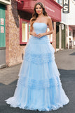 Light Blue Tulle A-Line Tiered Strapless Long Prom Dress