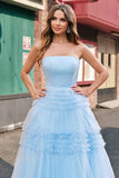 Light Blue Tulle A-Line Tiered Strapless Long Prom Dress