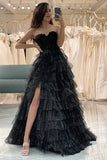 Trendy A Line Sweetheart Black Corset Prom Dress with Ruffles