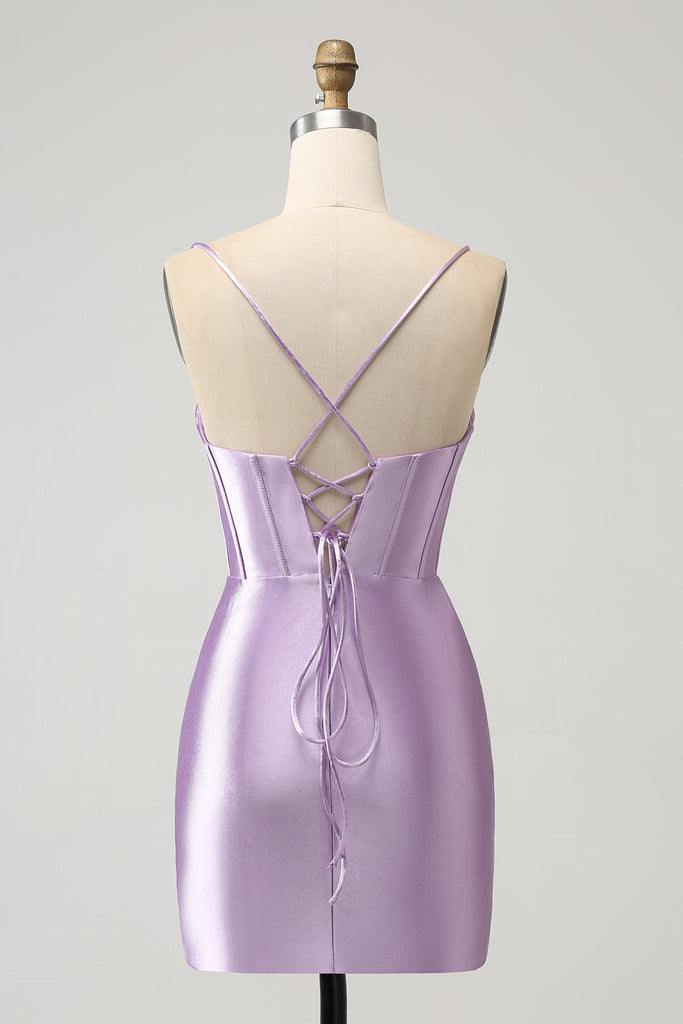 Spaghetti Straps Purple Bodycon Low Back Supported By Skinny Straps Homecoming Dress main image 1