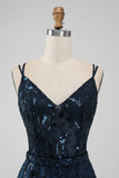 Navy A Line Spaghetti Straps Sparkly Sequins Short Homecoming Dress