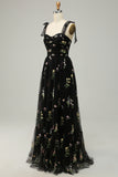 A Line Spaghetti Straps Black Long Prom Dress with Embroidery