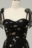 A Line Spaghetti Straps Black Long Prom Dress with Embroidery