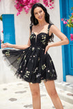 Cute A Line Off the Shoulder Black Corset Homecoming Dress with Embroidery