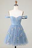 Cute A Line Sweetheart Grey Blue Short Homecoming Dress with Embroidery